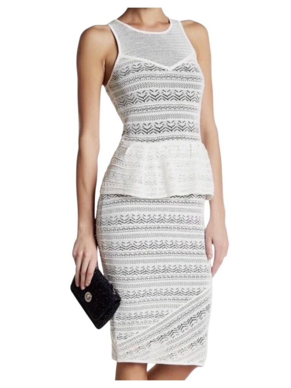 RACHEL Rachel Roy White Sleeveless Fitted Lace Peplum Bodycon Dress - Size S